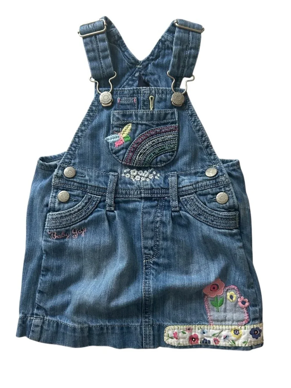 Vintage Y2K BabyGap Denim Overall Jumper Dress Size 6-12 Months Embroidered